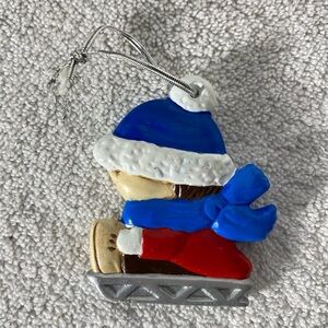 5/$35 Vintage Ceramic Hand Painted Sledding Boy Christmas Tree Ornament